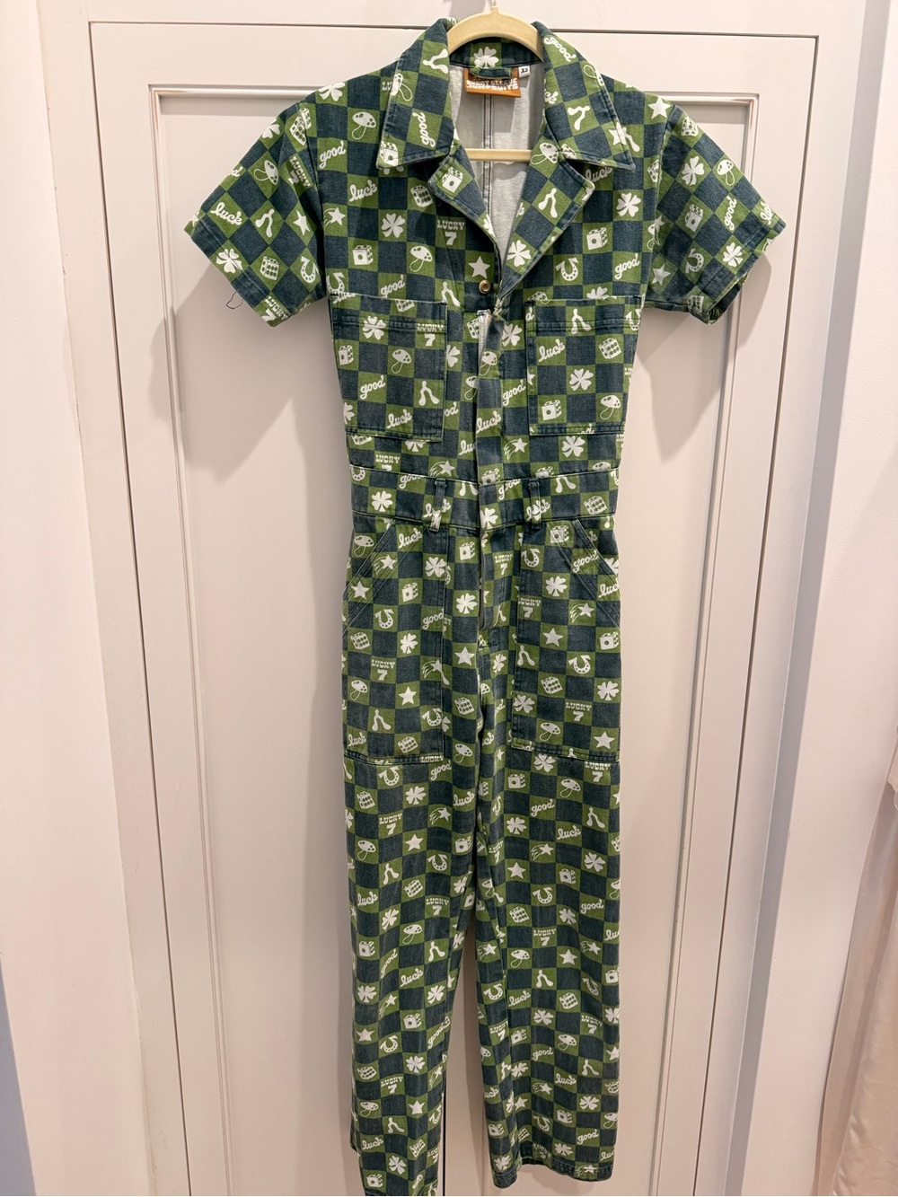 Big Bud Press Green Checkered Short-Sleeve Jumpsuit XS
